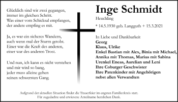 Traueranzeige von Inge Schmidt von Pegnitz-Zeitung