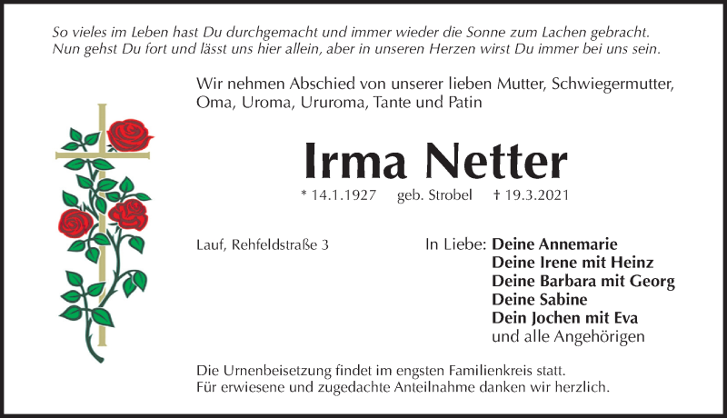  Traueranzeige für Irma Netter vom 17.04.2021 aus Pegnitz-Zeitung