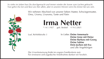 Traueranzeige von Irma Netter von Pegnitz-Zeitung