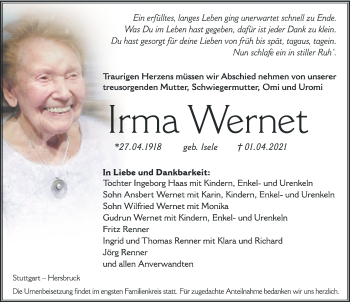 Traueranzeige von Irma Wernet von Hersbrucker Zeitung