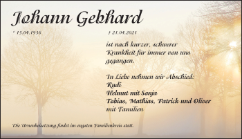 Traueranzeige von Johann Gebhard von Pegnitz-Zeitung