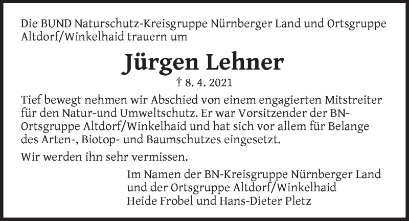  Traueranzeige für Jürgen Lehner vom 14.04.2021 aus Der Bote