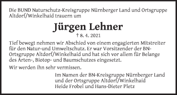 Traueranzeige von Jürgen Lehner von Der Bote