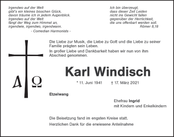 Traueranzeige von Karl Windisch von Hersbrucker Zeitung