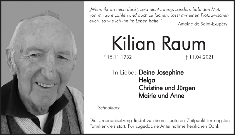  Traueranzeige für Kilian Raum vom 17.04.2021 aus Pegnitz-Zeitung