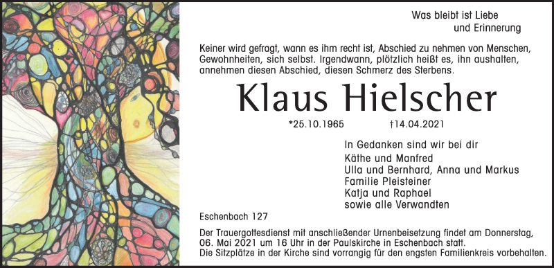  Traueranzeige für Klaus Hielscher vom 30.04.2021 aus Hersbrucker Zeitung
