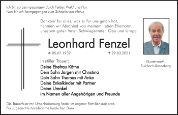Traueranzeige von Leonhard Fenzel von Hersbrucker Zeitung