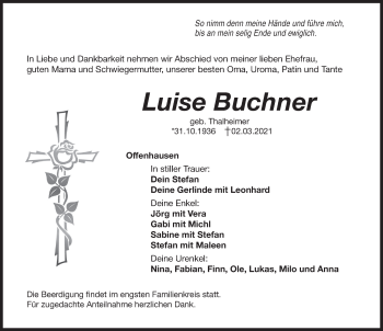 Traueranzeige von Luise Buchner von Hersbrucker Zeitung