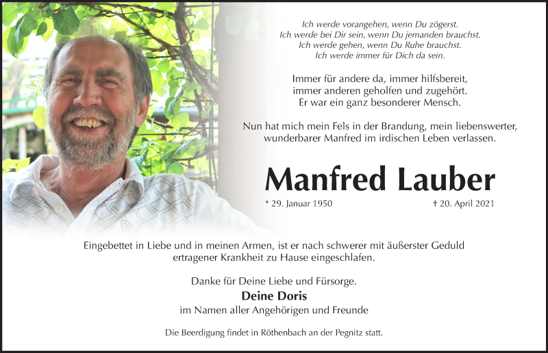  Traueranzeige für Manfred Lauber vom 24.04.2021 aus Pegnitz-Zeitung