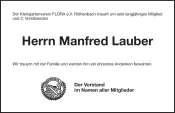 Traueranzeige von Manfred Lauber von Pegnitz-Zeitung