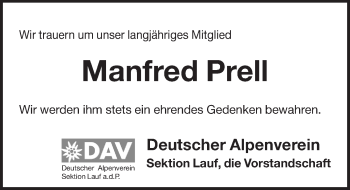 Traueranzeige von Manfred Prell von Pegnitz-Zeitung