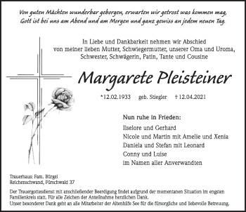 Traueranzeige von Margarete Pleisteiner von Hersbrucker Zeitung