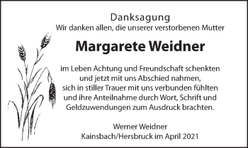 Traueranzeige von Margarete Weidner von Hersbrucker Zeitung