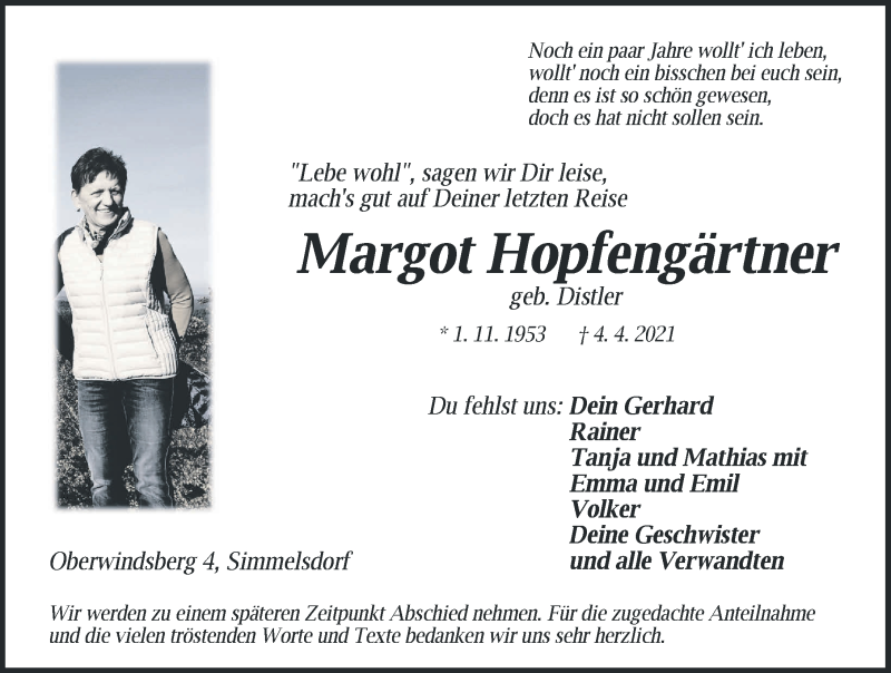 Traueranzeige für Margot Hopfengärtner vom 10.04.2021 aus Hersbrucker Zeitung