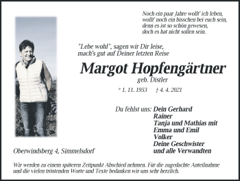Traueranzeige von Margot Hopfengärtner von Hersbrucker Zeitung