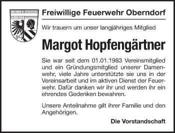 Traueranzeige von Margot Hopfengärtner von Pegnitz-Zeitung