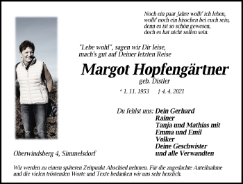 Traueranzeige von Margot Hopfengärtner von Pegnitz-Zeitung