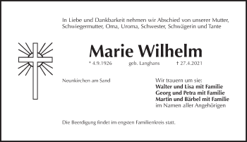 Traueranzeige von Marie Wilhelm von Pegnitz-Zeitung