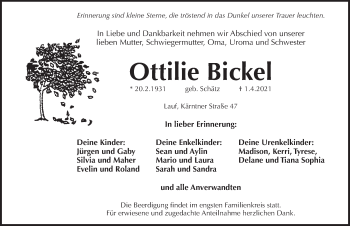 Traueranzeige von Ottilie Bickel von Pegnitz-Zeitung