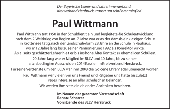 Traueranzeige von Paul Wittmann von Hersbrucker Zeitung