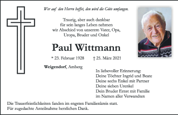 Traueranzeige von Paul Wittmann von Hersbrucker Zeitung