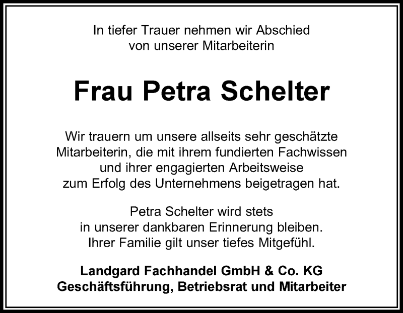  Traueranzeige für Petra Schelter vom 30.04.2021 aus Der Bote