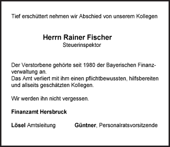 Traueranzeige von Rainer Fischer von Hersbrucker Zeitung