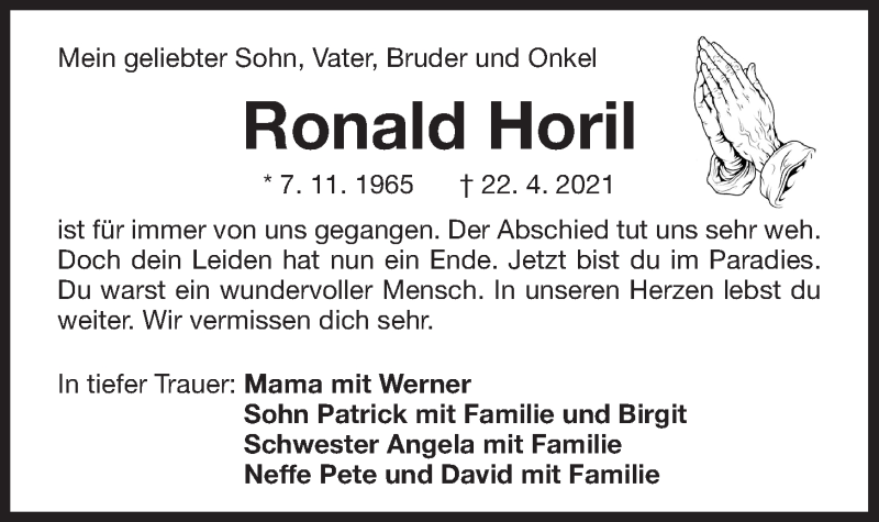  Traueranzeige für Ronald Horil vom 30.04.2021 aus Der Bote