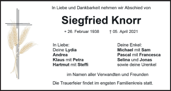 Traueranzeige von Siegfried Knorr von Hersbrucker Zeitung