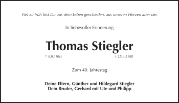 Traueranzeige von Thomas Stiegler von Pegnitz-Zeitung