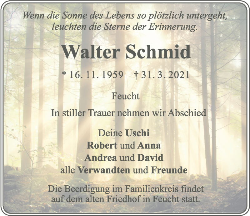  Traueranzeige für Walter Schmid vom 07.04.2021 aus Der Bote