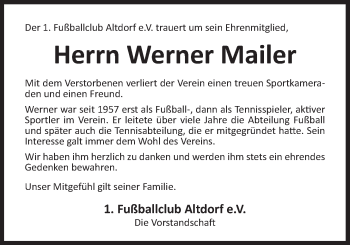 Traueranzeige von Werner Mailer von Der Bote