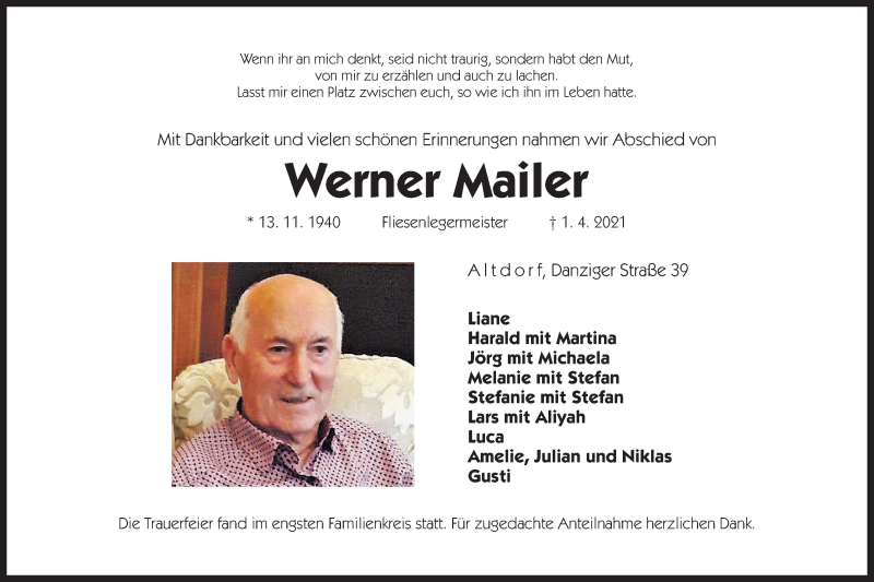  Traueranzeige für Werner Mailer vom 10.04.2021 aus Der Bote