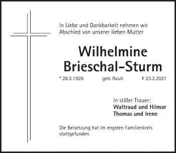 Traueranzeige von Wilhelmine Brieschal-Sturm von Pegnitz-Zeitung