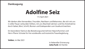 Traueranzeige von Adolfine Seiz von Hersbrucker Zeitung