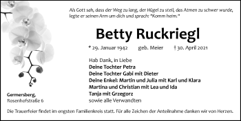 Traueranzeige von Betty Ruckriegl von Pegnitz-Zeitung