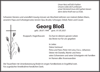 Traueranzeige von Georg Bloß von Hersbrucker Zeitung