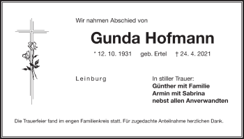 Traueranzeige von Gunda Hofmann von Der Bote