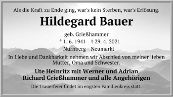 Traueranzeige von Hildegard Bauer von Der Bote