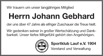 Traueranzeige von Johann Gebhard von Pegnitz-Zeitung