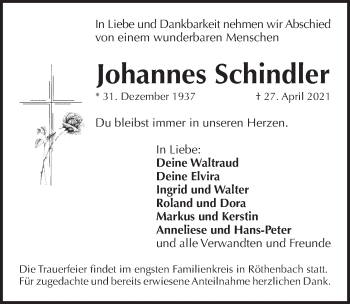 Traueranzeige von Johannes Schindler von Pegnitz-Zeitung