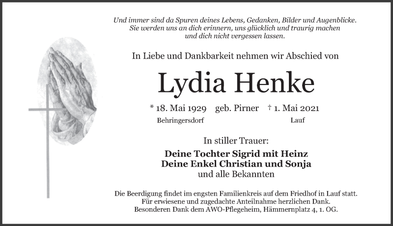  Traueranzeige für Lydia Henke vom 04.05.2021 aus Pegnitz-Zeitung