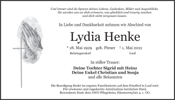 Traueranzeige von Lydia Henke von Pegnitz-Zeitung