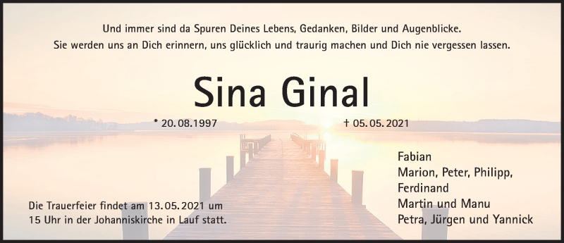  Traueranzeige für Sina Ginal vom 08.05.2021 aus Pegnitz-Zeitung