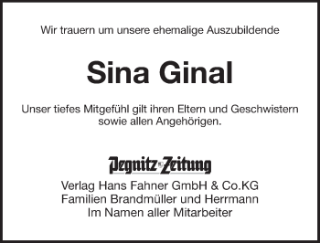 Traueranzeige von Sina Ginal von Pegnitz-Zeitung