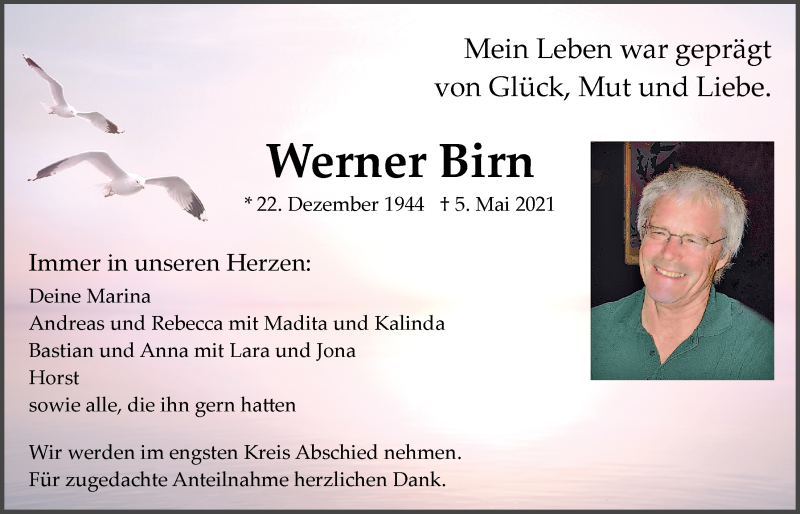  Traueranzeige für Werner Birn vom 08.05.2021 aus Der Bote