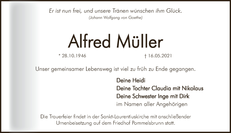  Traueranzeige für Alfred Müller vom 22.05.2021 aus Hersbrucker Zeitung