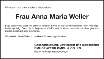 Traueranzeige von Anna Maria Weller von Pegnitz-Zeitung
