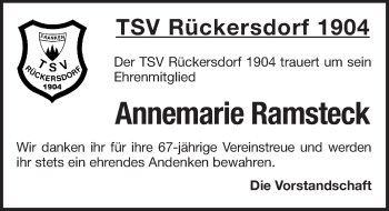 Traueranzeige von Annemarie Ramsteck von Pegnitz-Zeitung