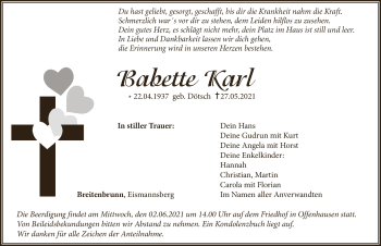 Traueranzeige von Babette Karl von Hersbrucker Zeitung